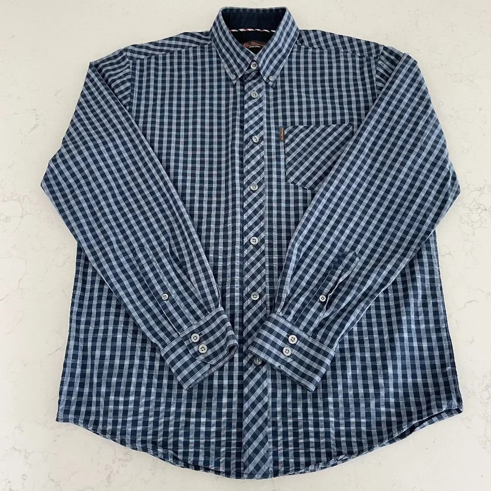 Ben Sherman Shanin Casual LS Button Down 100% Cotton Check Shirt Blue Sz S